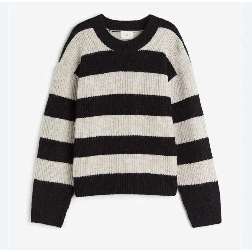 H&M Rib Knit Stripe Black And Beige Sweater Sz L